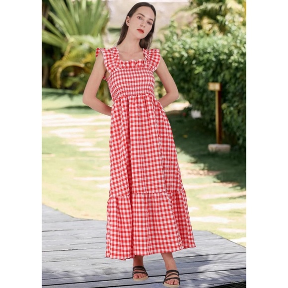 Gingham Print Plaid Smocked Spaghetti Straps Flouncy Long Dress in Red - Picture 3 of 6